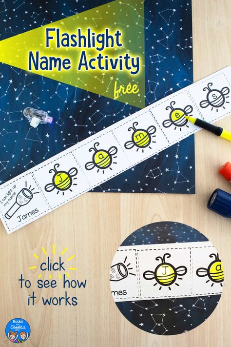 Camping Name Craft, Preschool Name Crafts, Flashlight Craft, Fireflies Craft, Camping Preschool, Name Activity, Preschool Names, Early Literacy Activities, Name Crafts