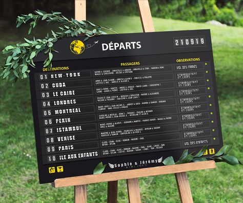 Plan de table de mariage sur le thème du voyage sous forme de panneau d’aéroport, board d’embarquement avion Departures Board, Train Theme, Travel Theme Wedding, Wedding Travel, Travel Theme, Seating Plan, Travel Themes, Travel Wedding, Wedding Card