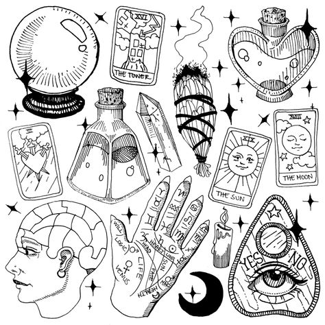 Flash Art Tattoos, Pola Tato, Kunst Tattoos, Witch Tattoo, Tattoos Geometric, Halloween Tattoo, Halloween Tattoos, Tattoo Flash Art, Fortune Teller