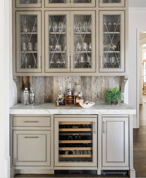 Transitional Bar, Home Bar Rooms, Wood Backsplash, Flat Panel Cabinets, Glass Front Cabinets, Home Bar Designs, Transitional House, Bar Ideas, Wet Bar