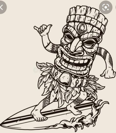 Hawaiian Tiki Mask, Graffiti Art Drawings, Man Surfing, Tree Frog Tattoos, Tiki Hawaii, Tiki Tattoo, Hawaii Tattoos, Surf Tattoo, Tiki Man