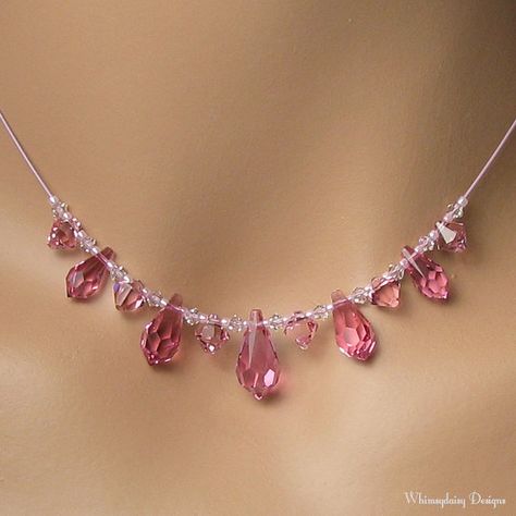 Princess Pink Swarovski Crystal Teardrop by whimsydaisydesigns Kalung Choker, Anting Manik, Fancy Jewelry Necklace, Pearl Necklace Designs, Diy Jewelry Unique, Pola Gelang, Pink Swarovski, Beaded Necklace Diy, Gold Filled Necklace