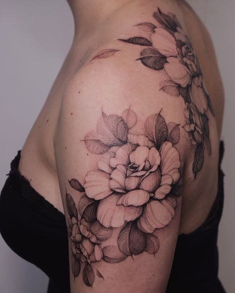 Botanical Sleeve, Feminine Shoulder Tattoos, Henne Tattoo, Floral Tattoo Shoulder, Flower Tattoo Shoulder, Cat Tattoos, Floral Tattoo Sleeve, Tiny Tattoo, Shoulder Tattoos For Women