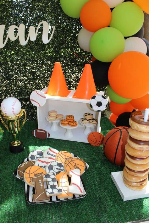 40th Birthday Sports Theme, Sports Theme Birthday Decor, Sports Party Table Decor, All Star Party Theme Sports, Multi Sport Birthday Party, All Star Birthday Party Decoration, 2 Year Sports Birthday, Rookie Year First Birthday All Sports, Sports First Birthday Cake