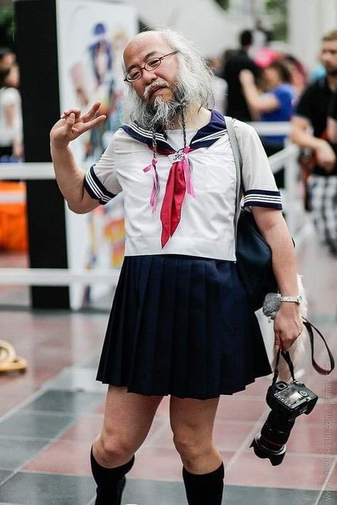 Kawaii Grandpa, Old Anime Man, Anime Grandpa, Profile Pic Poses, Grandpa Dancing, No Face Mask, Cute Old Man, Guys In Skirts, Funny Cosplay