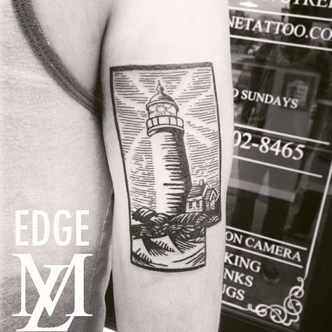 Lighthouse tattoo in woodcut/scrimshaw style. Scrimshaw Tattoo, The Lighthouse Tattoo, Etching Tattoos, Tyler Tattoo, Lighthouse Tattoo Meaning, Traditional Lighthouse Tattoo, Lighthouse Tattoos, Neck Tats, Etching Tattoo