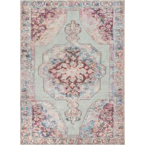 Well Woven Lotus Oriental Area Rug in Pink Gray | Wayfair Free Yarn, Vintage Medallion, Well Woven, Pink Area Rug, Distressed Rug, Pink Pastel, Green Area Rugs, Persian Area Rugs, Washable Area Rugs