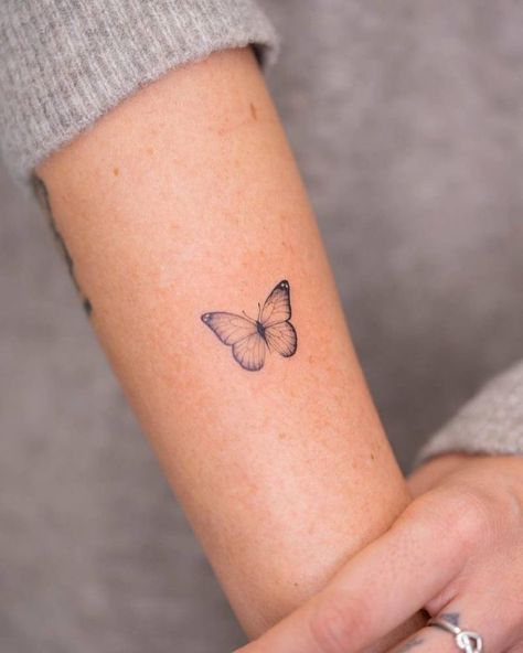 Single Needle Tattoo Butterfly, Small Butterfly Tattoo On Forearm, Handpoke Butterfly Tattoo, Small Detailed Butterfly Tattoo, Simple Butterfly Tattoo Arm, Single Needle Butterfly Tattoo, Wrist Butterfly Tattoo For Women, 2 Inch Tattoo Ideas For Women, Small Butterfly Tattoo On Arm