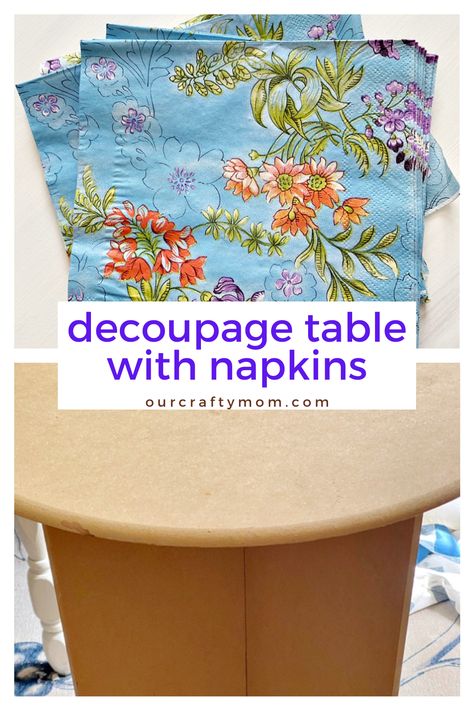 Mod Podge Coffee Table, Decoupage Wooden Tray, Decoupage Side Tables, Repurpose Side Table Ideas, Mod Podge Table Top, Decoupage End Table, Side Table Decoupage, Decoupage Side Table, Decoupage With Napkins On Wood