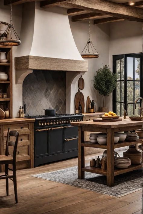 Warm and inviting French country kitchen with rustic elements French Eclectic Kitchen, Rustic Wood Range Hood, French Countryside Kitchen Rustic, French Country Range Hood, Tudor House Kitchen, Wood Range Hood Farmhouse, Old World Kitchen Ideas, Wooden Vent Hood Ideas, Interior Design French Country