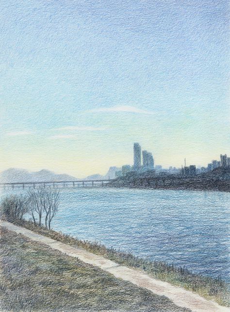 Sky Color Pencil, Sky Sketch Pencil, Landscape Drawings Pencil Colour, Landscape Colored Pencil, Colour Pencil Art Landscapes, Color Pencil Illustration, River Painting, Building Drawing, Pen Art Drawings