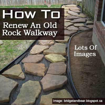 How To Renew An Old Rock Walkway Creek Rock Walkway, Flat Rock Walkway, Rock Walkway Ideas, Sidewalk Alternatives, Stone Walkways Paths To Front Door, Rock Walkways Paths Diy, Urbanite Walkway, Flagstone Walkway To Front Door, Rock Walkways Paths