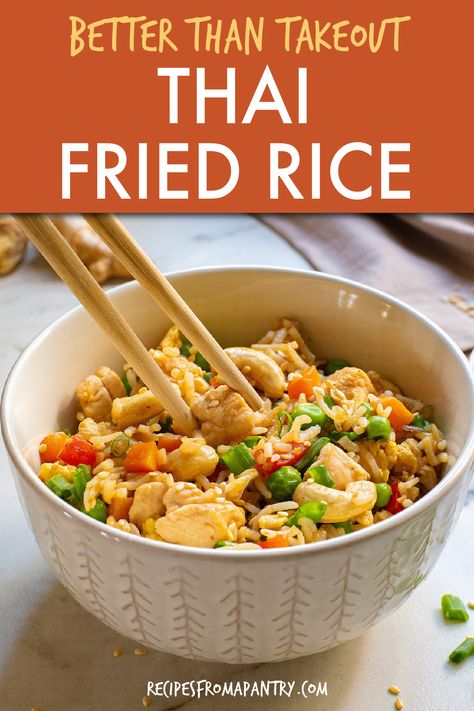 All you need is 15 minutes and a handful of pantry ingredients to make delicious authentic Thai fried rice. A quick meal that's super customizable by simply swapping spices, using seafood, different meat or make it vegetarian. With this easy chicken Thai fried rice recipe, you can skip the takeout and save money without sacrificing any of the flavor! Click through to get the Thai fried rice chicken and cashews recipe! #thaifriedrice #thaifriedricerecipe Jasmine Fried Rice Recipes, Thai Fried Rice Recipe Chicken, Authentic Chicken Fried Rice, Thai Coconut Rice Recipe, Thai Fried Rice Recipe Authentic, Chicken And Cashews, Thai Fried Rice Recipe, Fried Rice Thai, Thai Chicken Fried Rice