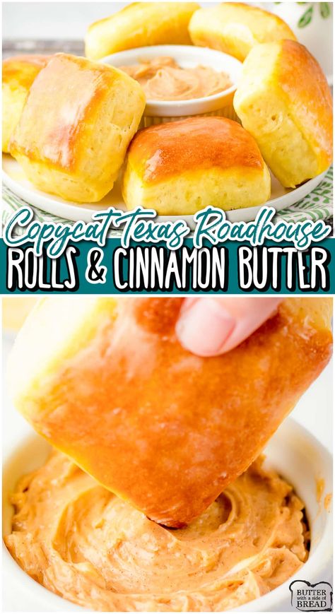 Copycat Texas Roadhouse Rolls made at home with a buttery homemade dough, then baked & slathered with cinnamon honey butter of course! Fantastic homemade dinner roll recipe that are a perfect copycat for Texas Roadhouse! #RoudhouseRollRecipe #CopycatTexasRoadhouse Dinner Rolls Texas Roadhouse, Texas Roadhouse Sides, Rolls Texas Roadhouse, Roadhouse Butter Recipe, Roadhouse Rolls Recipe, Texas Roadhouse Cinnamon Butter, Butter Roll Recipe, Texas Roadhouse Rolls Recipe, Copycat Texas Roadhouse Rolls