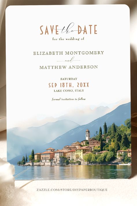 The pin shows a wedding invitation for a destination/travel ceremony featuring a watercolor artwork of Lake Como in Italy. The design is vintage using a delicate and elegant color palette. The artwork is on the bottom of the card and all details are on the top. The card is sold, printed and delivered by Zazzle and designed by DIYPaperBoutique. Lake Como Save The Date, Lake Como Invitation, Italy Wedding Invite, Save The Date Italy Wedding, Lake Como Wedding Invitations, Save The Date Italy, Flowing Typography, Lake Wedding Invitations, Save The Date Destination Wedding