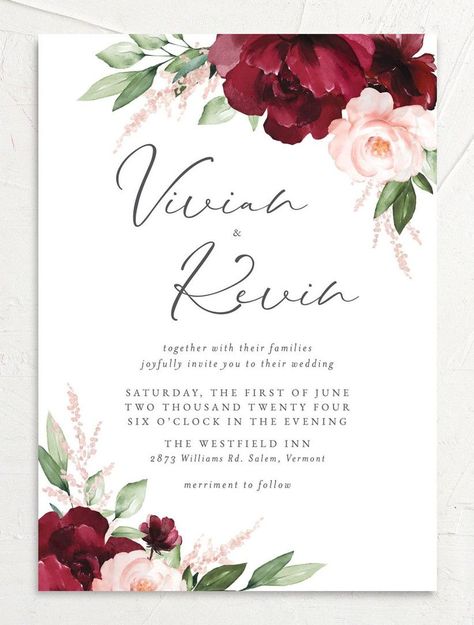 romantic fall wedding invitation with burgundy and pink watercolor flowers in corner Red Flower Wedding, Orange Wedding Invitations, Leaf Invitations, Colorful Wedding Invitations, Foil Wedding Invitations, Floral Bridal Shower Invitations, Fall Wedding Invitations, Vibrant Flowers, Beautiful Wedding Invitations