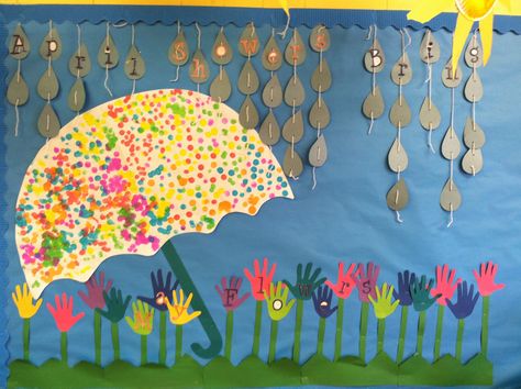 April Showers Bring May Flowers Spring Bulletin Boards Preschool, Flower Bulletin Boards, April Bulletin Boards, Spring Chalkboard, April Activities, Spring Bulletin, Spring Bulletin Boards, Kindergarten Classroom Decor, April Showers Bring May Flowers