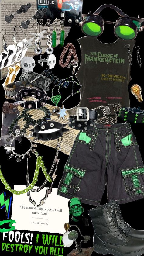 A Frankenstein inspired outfit. Almost like if Frankenstein was a teenager at the height of my metal. Or if he magically appeared in the apocalypse. Hopefully you like it! Frankenstein Moodboard, Frankenstein Halloween Costumes, Frankenstein Costume, Peter Cushing, The Apocalypse, Frankenstein, Halloween Ideas, Fashion Inspo Outfits, In The Heights