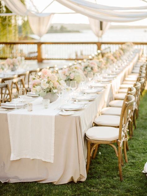 White Table Runners, Long Table Wedding, White Table Settings, White Runners, Tan Wedding, Wedding Tablecloths, Beige Wedding, Reception Inspiration, Wedding Reception Inspiration