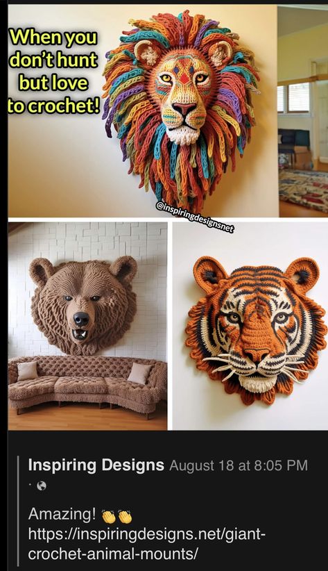 Crochet Animal Heads Free Pattern, Crochet Animal Heads, Easy Crochet Hat Pattern Free, Crochet Taxidermy, Amigurumi Tiger, Crochet Wall Art, Crochet Mask, Easy Crochet Hat, Handmade Soft Toys