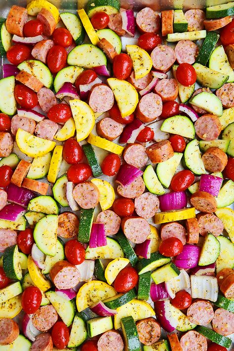 Sausage, Zucchini + Tomato Sheet Pan Dinner – The Comfort of Cooking Sausage And Potatoes Skillet, Chopped Steak, Zucchini Tomato, Recipes For The Whole Family, Easy Sheet Pan Dinners, Sheet Pan Dinners Recipes, Greek Seasoning, Sausage And Peppers, Turkey Sausage