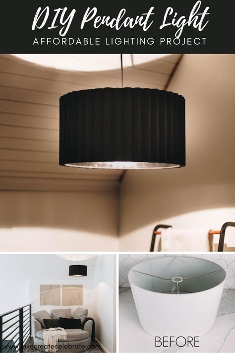 A stunning DIY pendant light! Learn how to make an easy hanging pendant light from a thrifted lamp shape! Upcycle any light shade! Easy tutorial to customize your own lamp or pandant light shade. Love the look of the black pendant light in this modern and minimal space! Love the fluted design. You could make it with white, black, or any colour! Easy handmade idea for your ceiling! Pendant Light With Lamp Shade, Diy Black Chandelier, Make Your Own Pendant Lights, Hanging Lights In Bedroom Pendant Lamps Drum Shade, Pendant Diy Light, How To Make A Pendant Light, Pendant Light Diy Hanging, Diy Pendant Light Ideas, Pendant Shade Diy