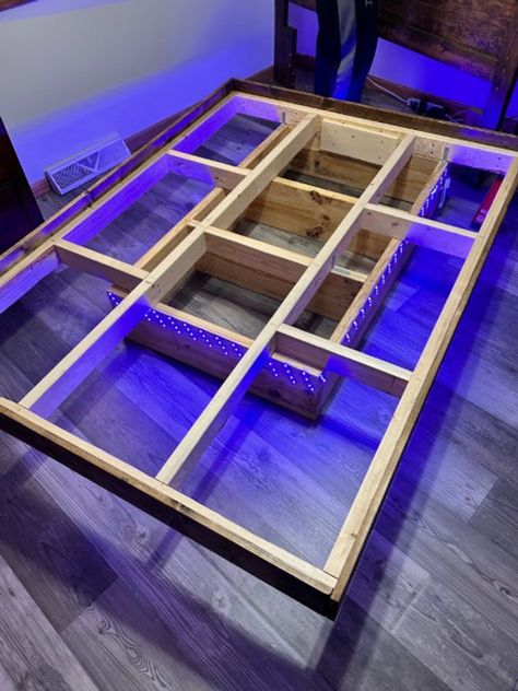 How to Build a DIY Floating Bed With Lights for Under $150 How To Make Floating Bed, Floating Full Bed Frame Diy, Floating Furniture Bedroom, Floating Bed With Storage Underneath, Diy Pallet Bed With Lights, Platform Floating Bed, How To Build A Floating Bed, Diy Sturdy Bed Frame, Full Size Floating Bed Frame Plans