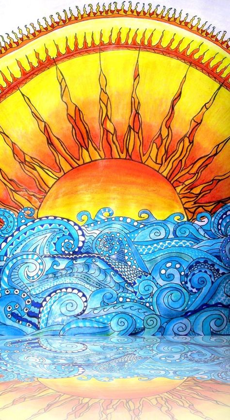 Sun And Wave Drawing, Trippy Sun Drawing, Sun Zentangle, Sun Drawing Design, Celestial Drawings, Sunshine Drawing, Sun Doodle, Sun Artwork, Mundo Hippie