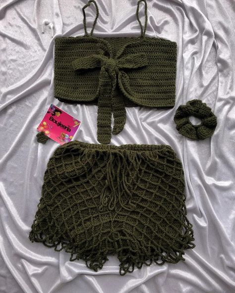 Created by me Green Crochet, Tie Front Top, Mesh Shorts, Front Tie Top, Yours Truly, Scrunchies, Army Green, 2 Piece, Crochet Projects