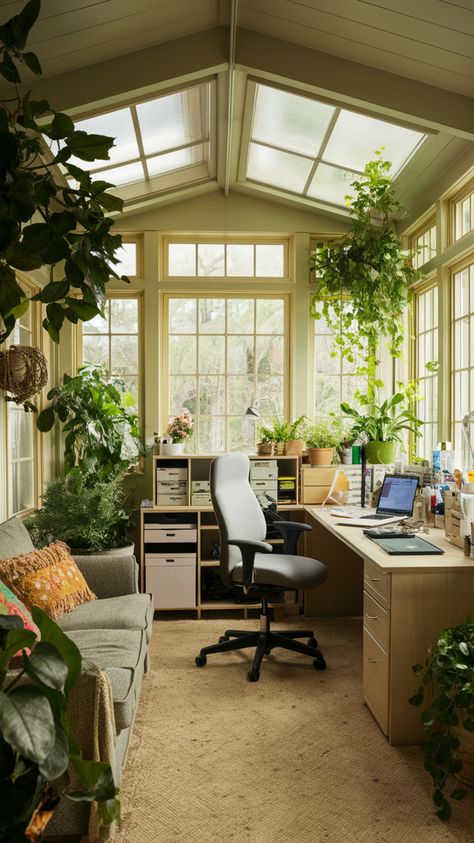 Create a classy sunroom office with timeless decor and ample natural light. Use elegant furniture and sophisticated accents to transform your space into a productive and stylish work environment. #sunroom #officeinspo #classyroomdecor #elegantoffice #homedécor #officeorganizationtips #naturalight #officecolors #decoration #homeofficeideas Sunroom Layout Ideas, Green House Office, Sunroom Office Ideas Small Spaces, Conservatory Study, Eclectic Sunroom, Light Green Office, Sunroom Office Ideas, Sunroom Layout, Green Sunroom