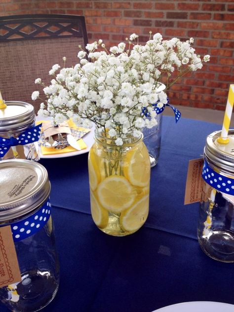 Yellow and Navy Bridal Shower Brunch Centerpiece Navy And Yellow Bridal Shower Ideas, Lemon And Blue Centerpiece Ideas, Bridal Shower Yellow And Blue, Blue And Yellow Centerpieces Graduation, Navy Blue And Yellow Wedding Decorations, Yellow And Blue Birthday Decor, Blue White And Yellow Party Decorations, Yellow And Blue Centerpieces, Yellow And Blue Party Decorations