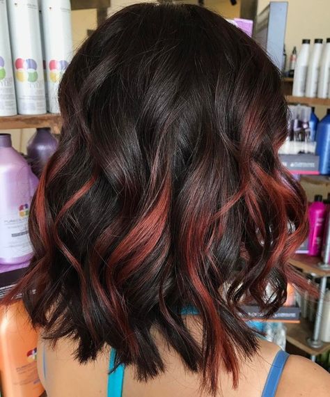 Partial vs Full Highlights: Theory, Tips and Examples Red Peek A Boo Hair, Red Peak A Boo Hair, Partial Blonde Highlights, Black Lob, Peek A Boo Hair, Red Hair With Highlights, Partial Highlights, Wine Hair, Peekaboo Hair