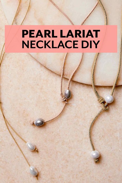 Leather and Pearl Lariat Necklace tutorial from Martha Stewart Pearls And Leather Jewelry, Leather Pearl Necklace Diy, Lariat Necklace Diy, Leather Necklace Diy, Leather Pearl Jewelry, Diy Statement Necklace, Diy Pearl Necklace, Leather Cord Jewelry, Necklaces Diy