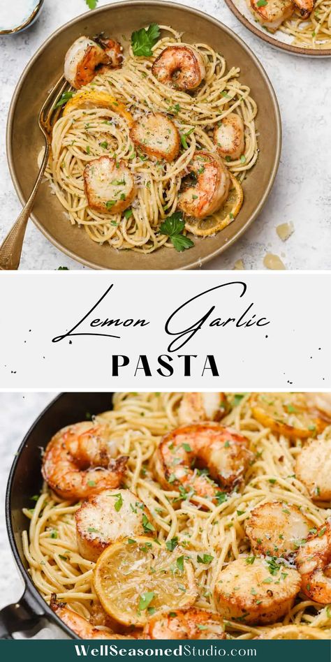 Two images showing lemon garlic pasta with shrimp and scallops with text overlay in the middle Lemon Garlic Scallops Pasta, Garlic Butter Scallops Pasta, Shrimp Scallops Pasta Recipes, Lemon Garlic Pasta Sauce, Pasta With Shrimp And Scallops, Garlic Scallops Recipe, Scallop Recipes Pasta, Lemon Shrimp Pasta, Garlic Pasta Sauce