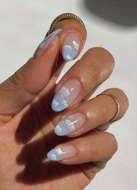 Korean Jelly Nails Oval, Trendy Nails Birthday, Dreamy Blue Nails, Gemini Nails Designs, Gemini Nail Ideas, Nails Acrylic Inspiration, Zodiac Nail Art, Gemini Nails, Feb Nails