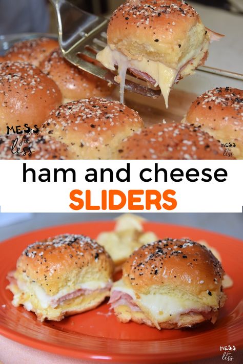 These ham and cheese sliders are filled with yummy meat and gooey cheese stuffed in soft buttered buns. Such an easy meal or appetizer idea! #hamandcheesesliders #hamandcheese #slidercasserole #sliders Hawaiian Ham And Cheese Sliders, Easy Sliders, Cheese Crescent Roll Recipes, Hawaiian Ham, Sliders Recipes Hawaiian Rolls, Ham Cheese Sliders, Ham Sliders, Ham And Cheese Sliders, Cheesy Ham