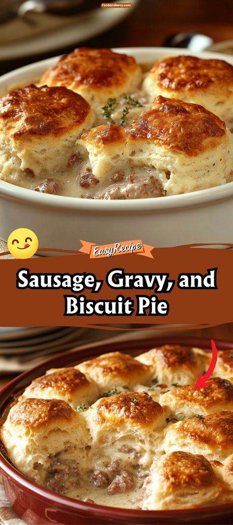 Indulge in a comforting Southern dish with Sausage, Gravy, and Biscuit Pie. This hearty pie layers fluffy biscuits, savory sausage, and rich gravy in a delicious bake that’s perfect for breakfast or brunch. It’s a true comfort dish that satisfies with every bite. #BiscuitPie #SouthernCuisine #ComfortFood Spicy Sausage Gravy, Gravy Seasoning, Biscuit Pie, Sausage And Gravy, Ground Sausage Recipes, Sausage Gravy And Biscuits, Flour Biscuits, Sausage Biscuits, Breakfast Sausage Recipes