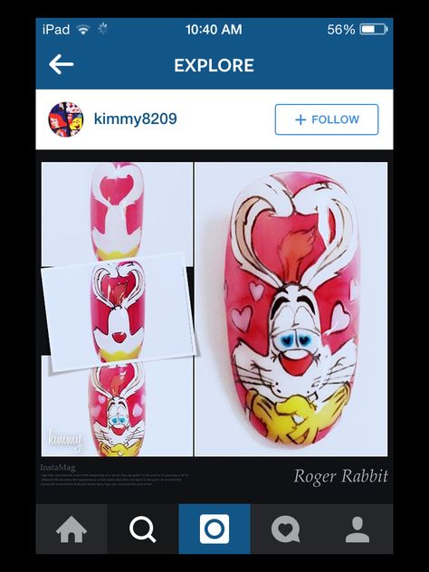 Roger rabbit Roger Rabbit Nail Art, Jessica Rabbit Nails, Rabbit Nails, Jessica And Roger Rabbit, Valentines Nail Art Designs, Character Nails, Fancy Nail Art, Valentine Nail Art, Diy Acrylic Nails