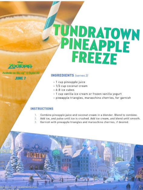 Disney Zootopia Pineapple Freeze Drink Recipe Zootopia Movie Night, Zootopia Food, Disney Dessert Recipes, Nerdy Recipes, Disney Themed Movie Night, Disney Cocktails, Disney Themed Food, Movie Night Dinner, Disney Dishes