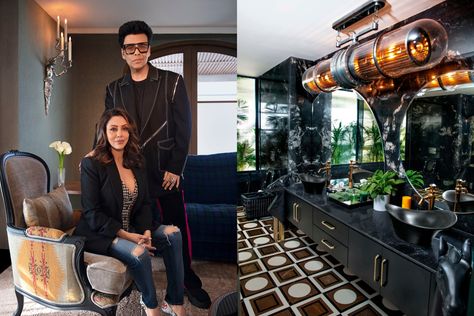 6 design lessons from Karan Johar’s bachelor pad designed by Gauri Khan | Architectural Digest India Gauri Khan Design Interiors, Bachelor Pad Design, Portico Design, Gauri Khan, Pink Art Deco, Brick Cladding, Karan Johar, Bachelor Pad, Celebrity Houses