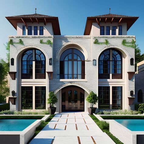 Villa design, arches, old style Symmetrical House Exterior, Villa Elevation, White Facade, Modern Exterior House Designs, Bungalow House Design, Arched Windows, Old Style, Modern Exterior, Villa Design