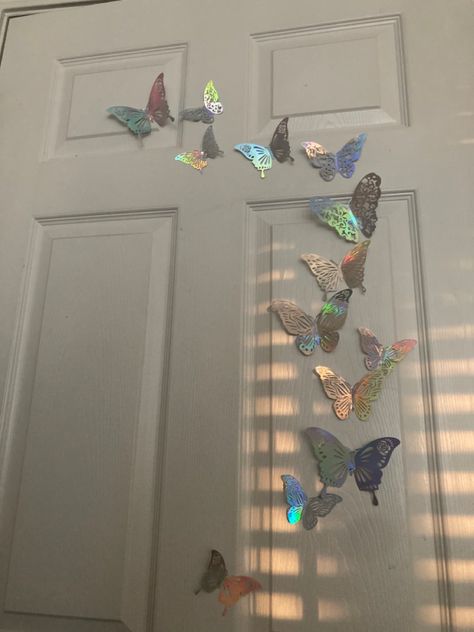 Sparkly butterflies shimmery reflective butterflies stick on stick onto door door decoration temporary decoration temporary door decoration cute door decoration pretty door decoration aesthetic door decoration teenage decoration room makeover How To Decorate Door, Closet Door Decoration Ideas Aesthetic, Bedroom Door Ideas Aesthetic, Closet Door Decoration Ideas, Decorated Bedroom Door, Aesthetic Door Ideas, Painted Closet Doors Aesthetic, Bedroom Door Decor Ideas, Closet Door Decor