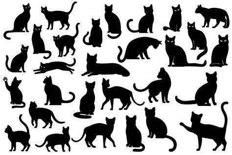 Black Cat Silhouette Tattoo, Cat Silhouette Drawing, Outline Of Cat, Cat Silhouette Tattoos, Black Cat Clipart, Black Cat Drawing, Black Cat Illustration, Cat Quilt Patterns, Reindeer Silhouette