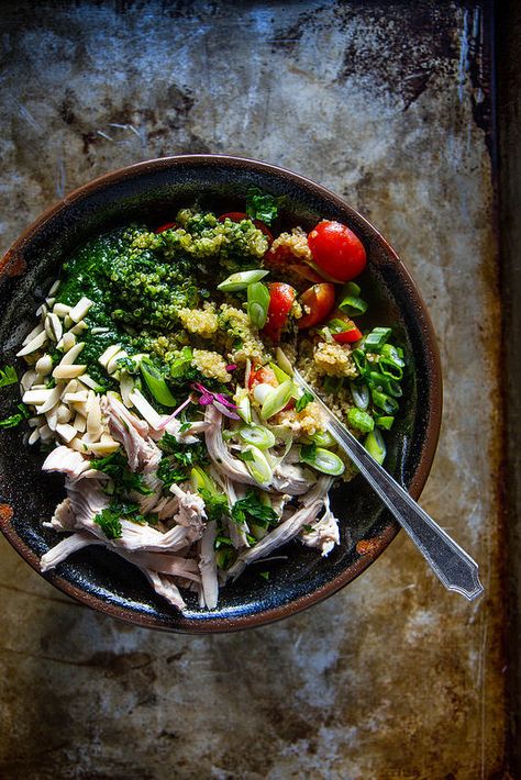 Quinoa, Chicken and Kale Pesto Bowl from @heatherchristo Pesto Bowl, Chicken Quinoa Bowl, Chicken And Kale, Boneless Skinless Chicken Breast Recipes, Kale Chicken, Skinless Chicken Breast Recipes, Kale Pesto, Chicken Quinoa, Popsugar Food