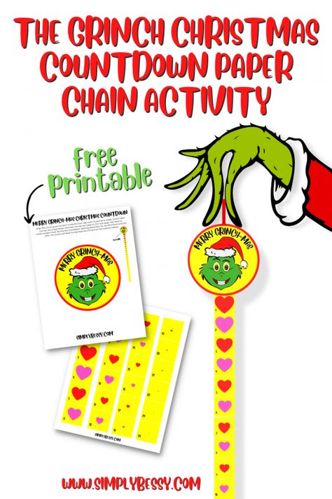 The Grinch Christmas Countdown Paper Chain - Free Printable Template Grinch Paper Chain, Grinch Christmas Countdown, Countdown Paper Chain, Grinch Heart Grew, Grinch Printable, Christmas Paper Chains, Countdown Activities, Grinch Heart, The Grinch Christmas