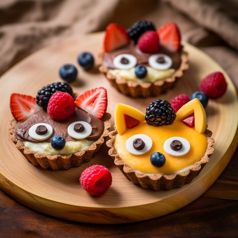 close up of three animal tartlets with animal faces made of blueberries, strawberries, and other fruits Fruit Tartlets, Christmas Cookies Packaging, Pie Art, Cookies Packaging, Animal Fruit, Pies Art, Savory Tart, Creative Desserts, American Pie