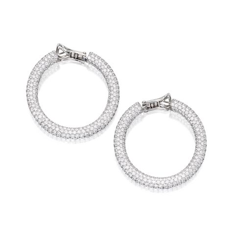 Pair of Platinum and Diamond Earrings, Graff The pavé-set hoops set with numerous round diamonds weighing 29.94 carats, signed Graff, numbe... Graff Earrings, Tiaras Jewellery, Treasure Box, Ear Rings, Art Old, Treasure Boxes, High Jewelry, Elegant Earrings, White Metal