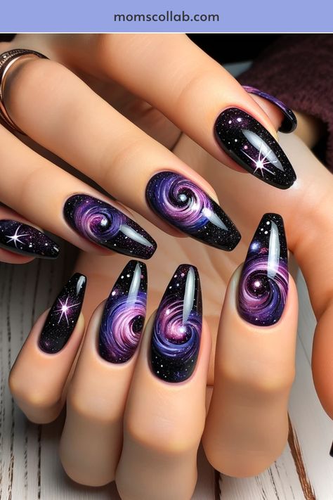 10 Purple and Black Nail Designs to Unleash Your Personality Winter Wedding Nails, Black And Purple Nails, Galaxy Nail Art, December Nails, Sunflower Nails, Easter Nail Designs, Sky Nails, Purple Nail Designs, Galaxy Nails