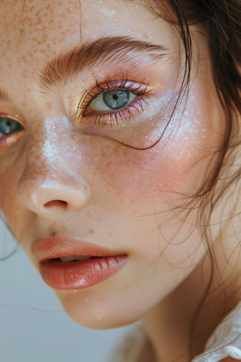 Soft Dreamy Makeup Look, Eclectic Wedding Makeup, Bride Makeup Colorful, Make Up Ideas For Party, Pastel Wedding Makeup, Funky Bridal Makeup, Fairy Wedding Makeup Look, Ethereal Woman Aesthetic, Ethereal Essence Makeup