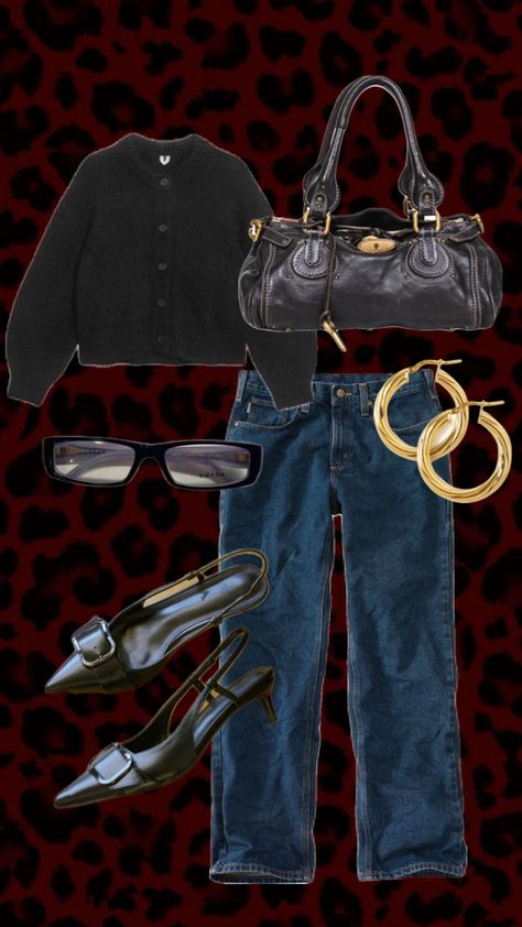 black sweater, dark blue jeans, kitty heels, black and gold handbag, simple gold hoop earrings, thin black framed glasses Going To Class Outfit, Going To Class Outfit College, Class Outfit College, Outfit College, Class Outfit, Simple Fits, Statement Accessories, Way To Go, College Student